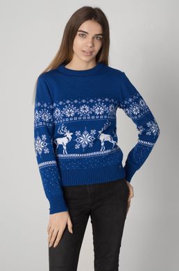 Рождественский женский синий свитер с оленями (UKRS-8853), XS, шерсть, акрил