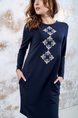 Вишите плаття прямого силуету "Зоряне" із темно-синього трикотажу для жінок (PL-007-149-Tr), 42