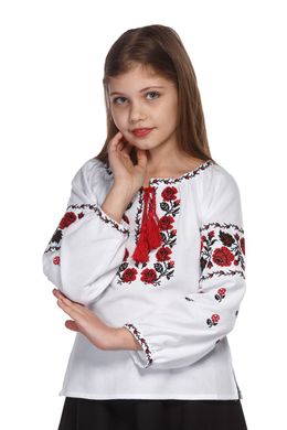 Белая рубашка для девочки с красно-черной вышивкой UKR-0303, 146, лен