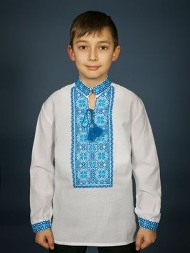 Естетна вишиванка із полотна з синьо-блакитним рослинно-геометричним орнаментом для хлопчиків (chsv-17-02-d), 26, льон