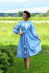 Блакитна сукня на поясі з квітковим орнаментом "Бохо" (GNM-02113), 42, льон