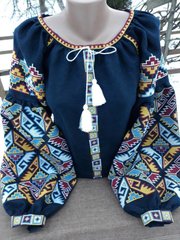 Яркая дизайнерская вышиванка женская "Бохо" (GNM-02012), 40, лен синего цвета