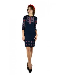 Оригинальное платье синего цвета с красно-белой вышивкой с рукавом 3/4 (М-1033-4), 40-42