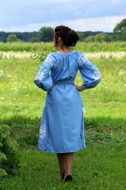 Блакитна сукня на поясі з квітковим орнаментом "Бохо" (GNM-02113), 42, льон