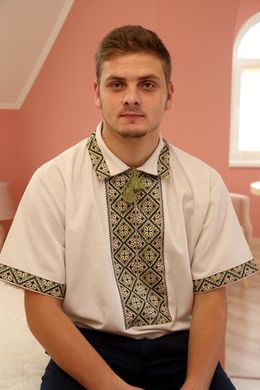 Льняная мужская рубашка с вышивкой ручной работы "Щит Перуна" (GNM-00937), 38, льон натурального кольору