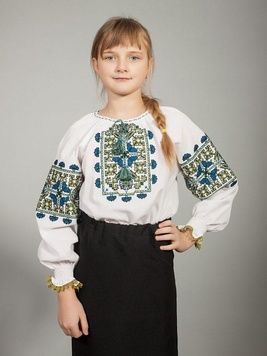 Патріотична сорочка із домотканого полотна з синьо-зеленою вишивкою для дівчаток та жінок (gbv-19-03d), 26, льон