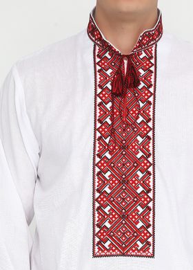 Біла українська вишиванка з орнаментом червоного кольору із льону або домотканого полотна для чоловіків (chsv-03-01), 40, льон
