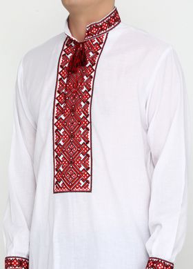 Біла українська вишиванка з орнаментом червоного кольору із льону або домотканого полотна для чоловіків (chsv-03-01), 40, льон