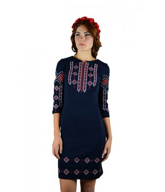 Оригінальна сукня синього кольору з червоно-білою вишивкою з рукавом 3/4 (М-1033-4), 40-42