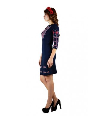 Оригінальна сукня синього кольору з червоно-білою вишивкою з рукавом 3/4 (М-1033-4), 40-42