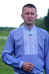 Синя сорочка для чоловіків з традиційним українським орнаментом (GNM-01972), 38, льон синій