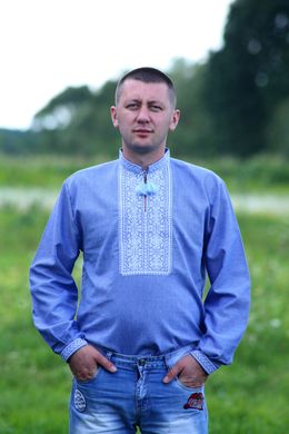 Синяя рубашка для мужчин с традиционным украинским орнаментом (GNM-01972), 38, лен синего цвета