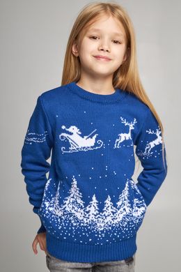 В'язаний синій светр для дівчинки Дід Мороз з оленями (UKRS-6621), 122, шерсть, акрил
