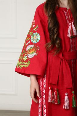 Вышитое платье красное для девочек Сказочное (PLd-132-099-L), 116, лен