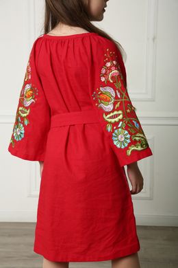 Вышитое платье красное для девочек Сказочное (PLd-132-099-L), 116, лен