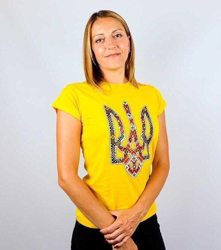 Жіноча футболка з принтом &laquo;Тризуб вишиванка&raquo;, жовта (es-9201), XL