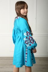 Вышитое платье бирюзовое для девочек Красота 2 (PLd-135-179-L), 116, лен