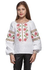 Белая рубашка-вышиванка с мальвами для девочки UKR-0304, 152, лен.
