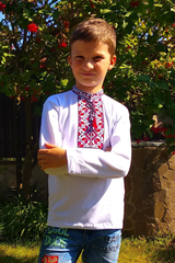 Вишиванка для хлопчика "Подільська" біла з довгим рукавом з червоною вишивкою (LS-95212172-92), 92, бавовна