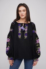 Женская вышитая блузка вышитая на черном домотканом полотне "Бохо" (GNM-02799), 40, домотканое полотно