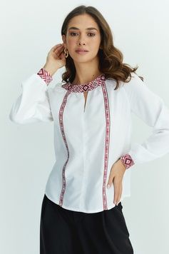 ЖІНОЧА ВИШИВАНКА "ОБЕРЕГОВЕ НАМИСТО" З БІЛОГО ШТАПЕЛЮ (SZH-22-rd), 42(XS), віскоза