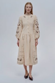 ВИШИТА ЛЛЯНА СУКНЯ "СЕРДЕНЬКО" БЕЖЕВОГО КОЛЬОРУ (VUT-4261), XS, льон