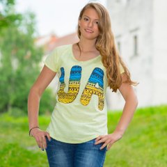 Жовта футболка реглан для жінок з синьо-жовтим принтом "UA" (10102021-578), 44