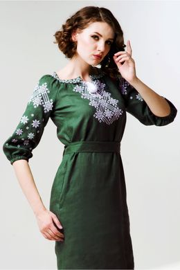 Женское зеленое платье с вышивкой (FM-0020), XS, лён