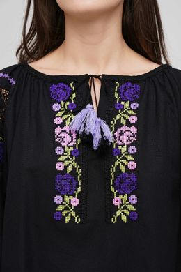 Жіноча вишивана блузка вишита на чорному домотканому полотні "Бохо" (GNM-02799), 40, домоткане полотно