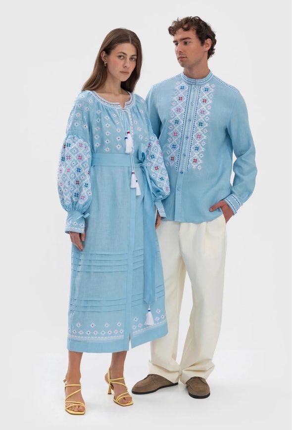 ЖІНОЧА ЛЛЯНА ВИШИТА СУКНЯ "СОЛОВ'ЇНА" БЛАКИТНОГО КОЛЬОРУ (FM-5095), 42(XS), льон