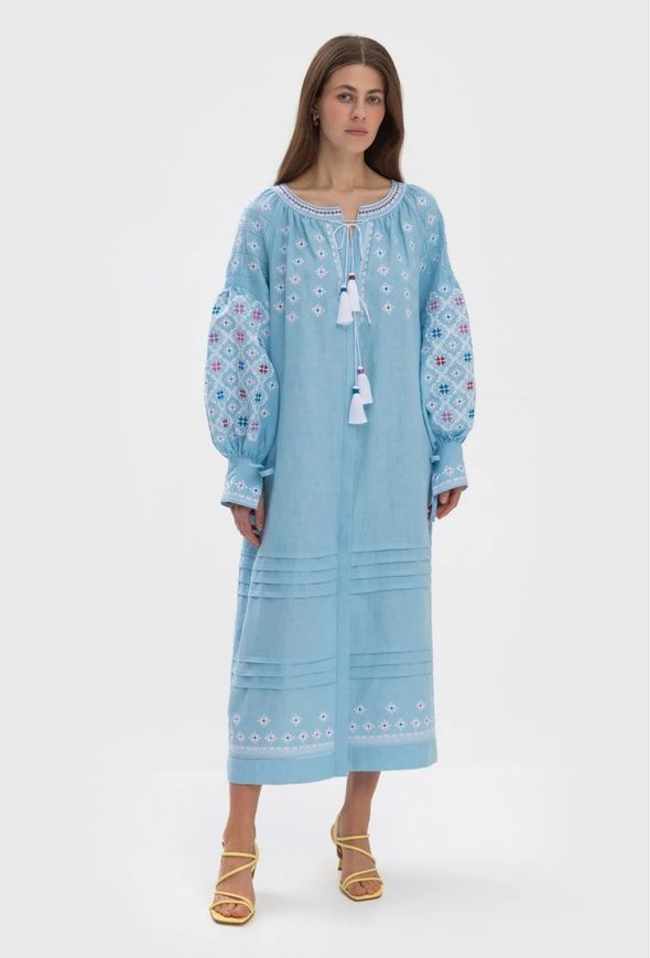 ЖІНОЧА ЛЛЯНА ВИШИТА СУКНЯ "СОЛОВ'ЇНА" БЛАКИТНОГО КОЛЬОРУ (FM-5095), 42(XS), льон