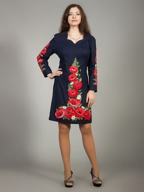 Багате темно-синє плаття з барвистою вишивкою "Маки" для жінок (gpv-24-01), 40, льон, тіар