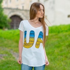 Біла футболка реглан для жінок з синьо-жовтим принтом "UA" (10102021-576), 44