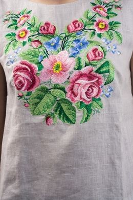 Льняная вышиванка без рукавов "Звуки лета" серого цвета с красивым цветочным орнаментом для женщин (BL-205-056-L), 42