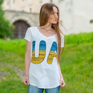 Белая футболка реглан для женщин с сине-желтым принтом "UA" (10102021-576), 44