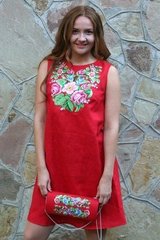 Красивое лёгкое платье с вышивкой "Звуки лета" из красного льна для женщин (PL-004-056-L-red), 42