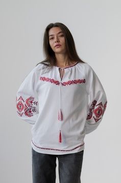 ВИШИВАНКА ЖІНОЧА БІЛОГО КОЛЬОРУ "БАТЬКІВСЬКИЙ ДАР" (DBRBL-43-wt-rd), 42, льон+котон