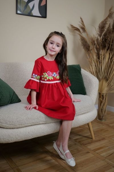 ВИШИТЕ ПЛАТТЯ ДЛЯ ДІВЧИНКИ "КВІТКОВА ГЛАДЬ" ЧЕРВОНЕ (DBRSKDT-04-1-rd), 122, Льон, котон