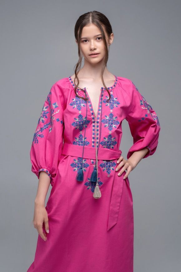 ЖІНОЧА ВИШИТА СУКНЯ PINK UKR-4229, S | 42-44, льон